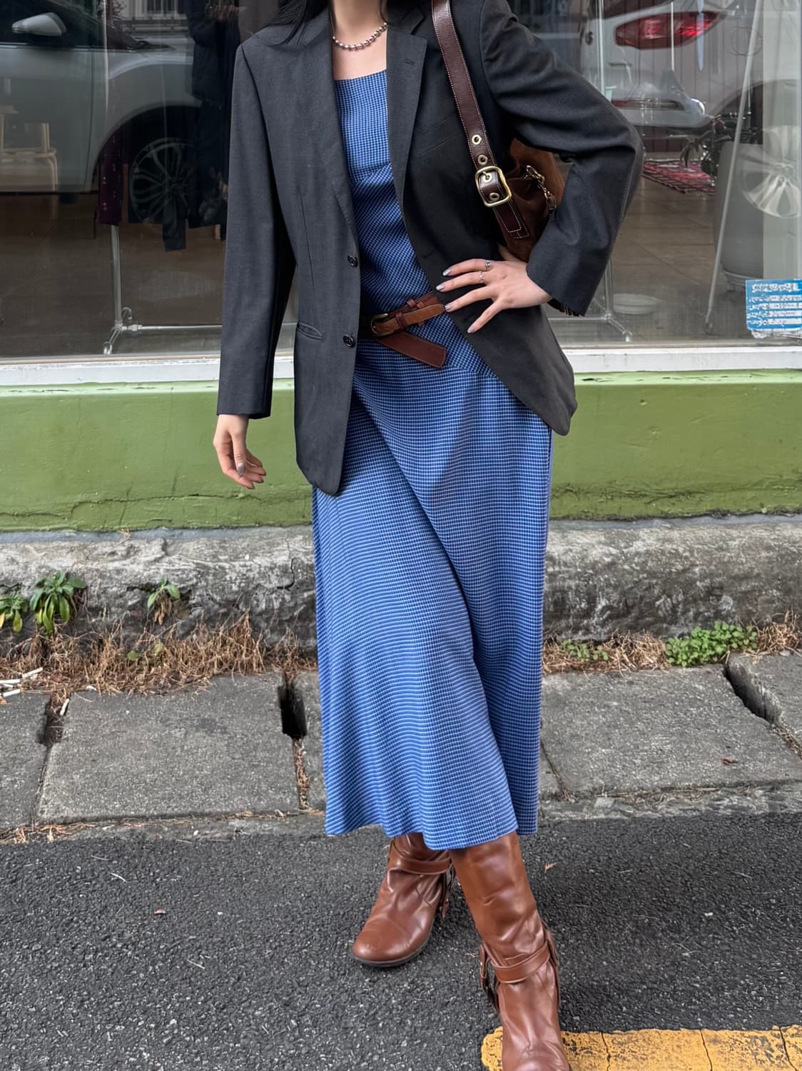 Belle Ballade 블루 체크 패턴 비대칭 반팔 롱 원피스 상품이미지8