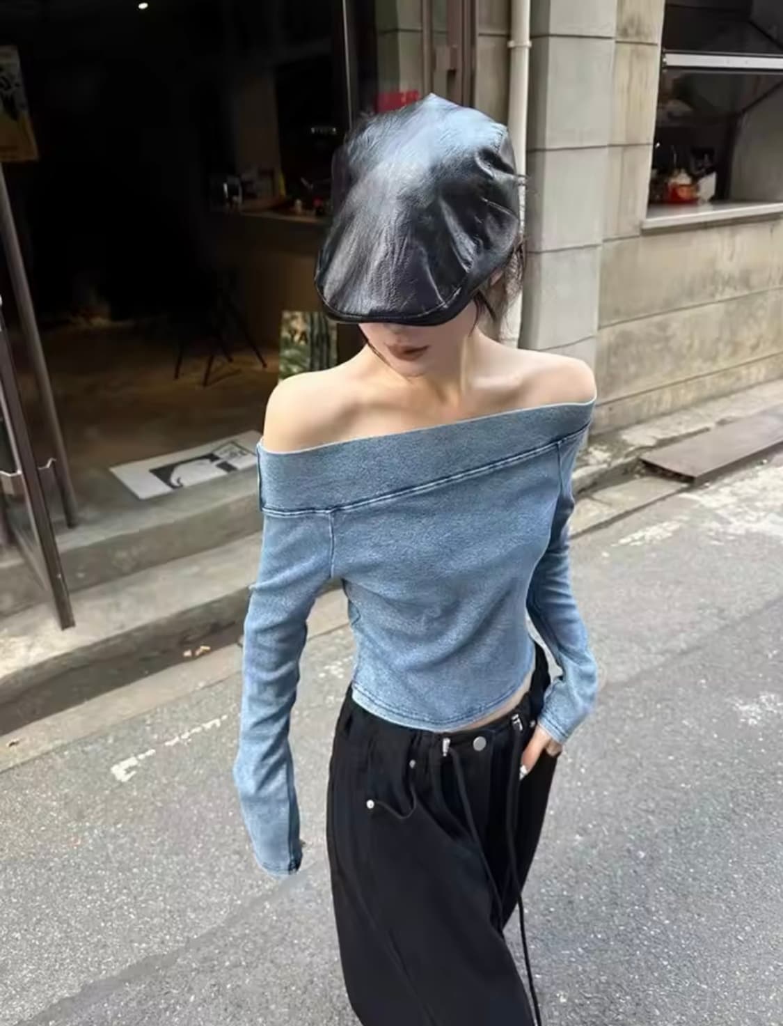 빈티지 갸루 핀터깔 y2k 워싱 데님 청 오프숄더 크롭 긴팔 티셔츠 상품이미지2