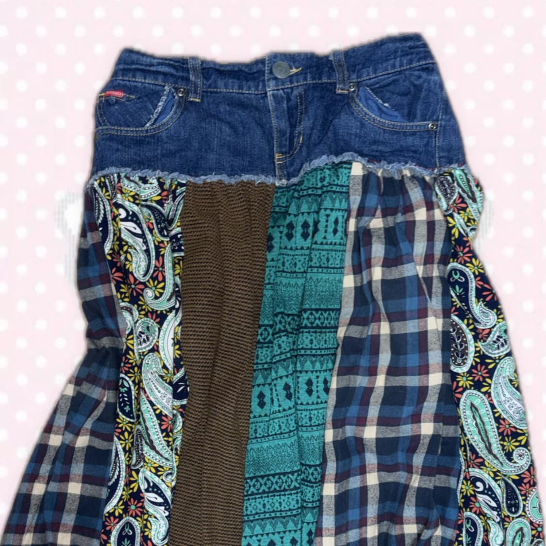 모리걸 하구미 패치스커트 패치워크 데님 플란넬 롱스커트 상품이미지2