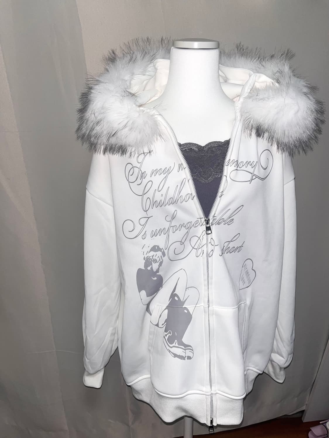 빈티지 레터링 그래픽 화이트 퍼 후드집업 상품이미지3