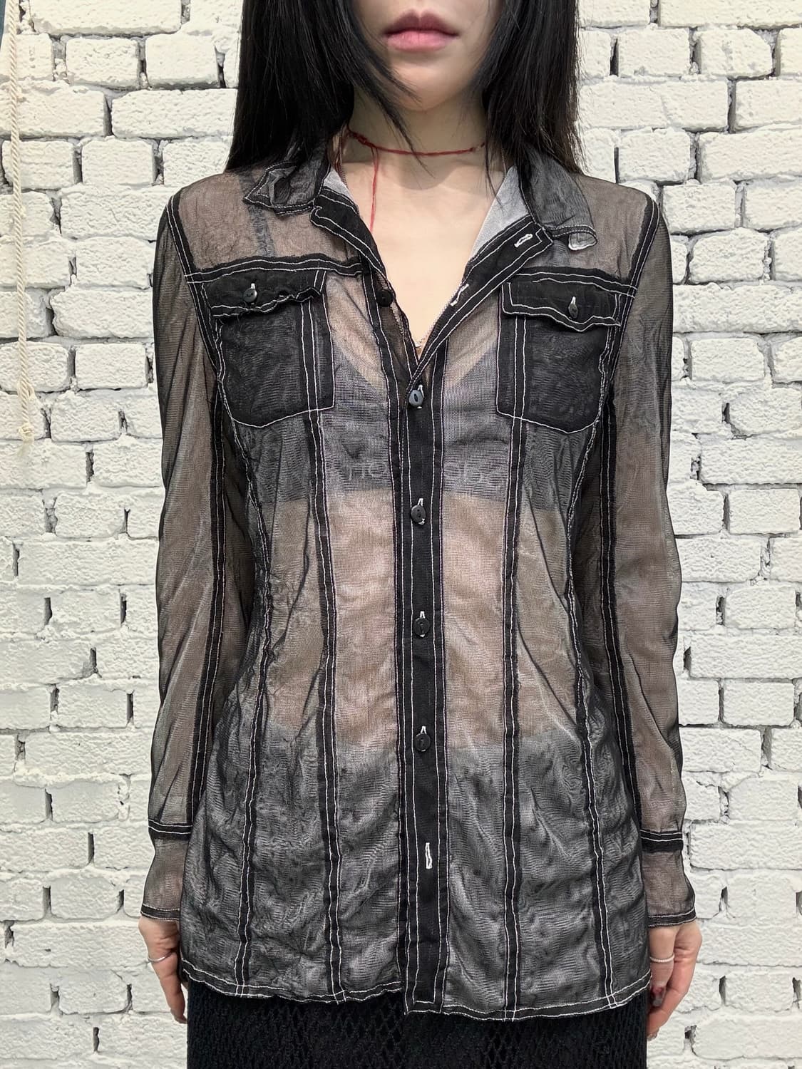 Sheer Stitch Detail Mesh Shirt 상품이미지1