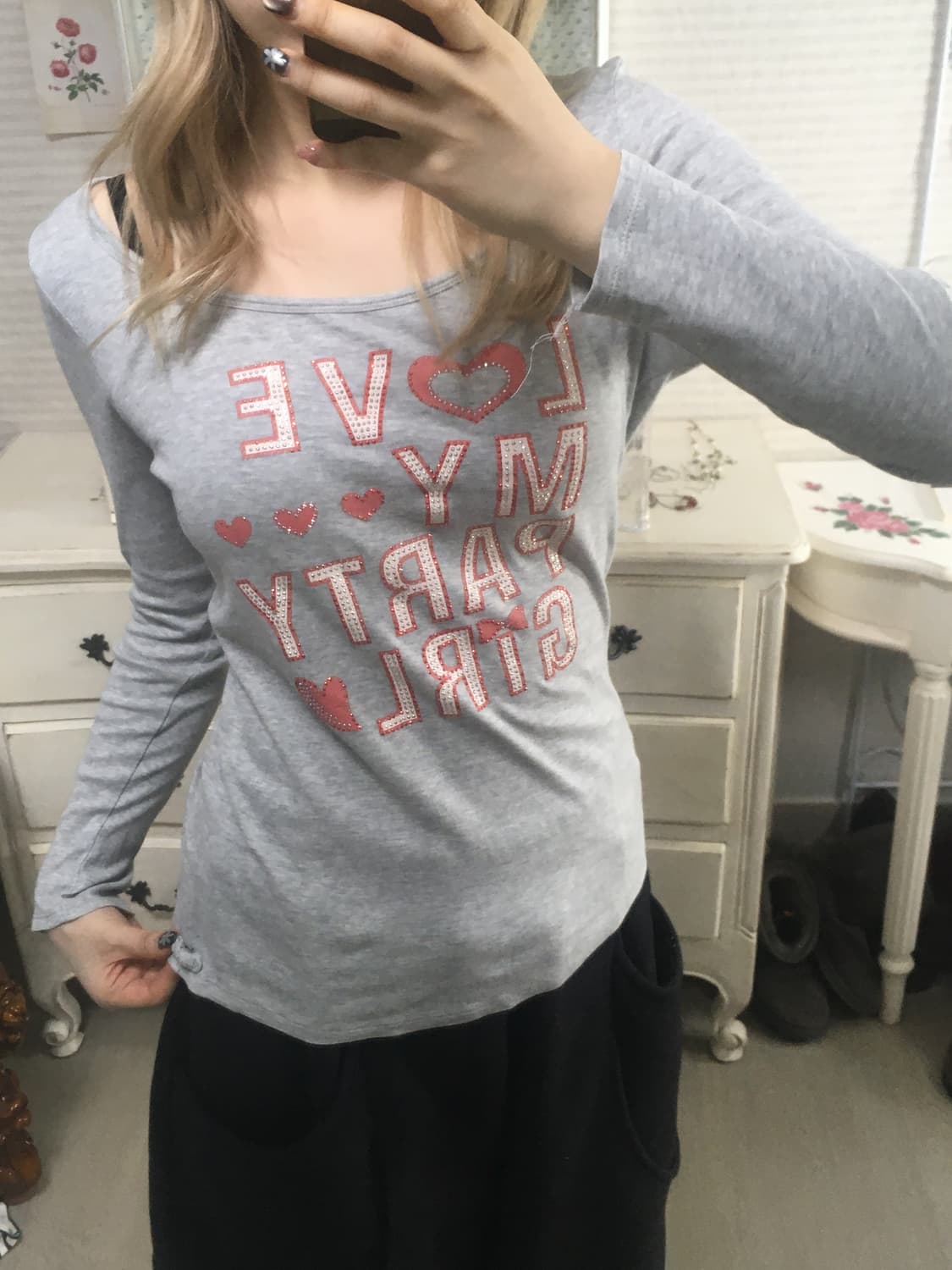 일본빈티지 멜란지 그레이 하이틴 큐빅 리본 티셔츠 상품이미지2