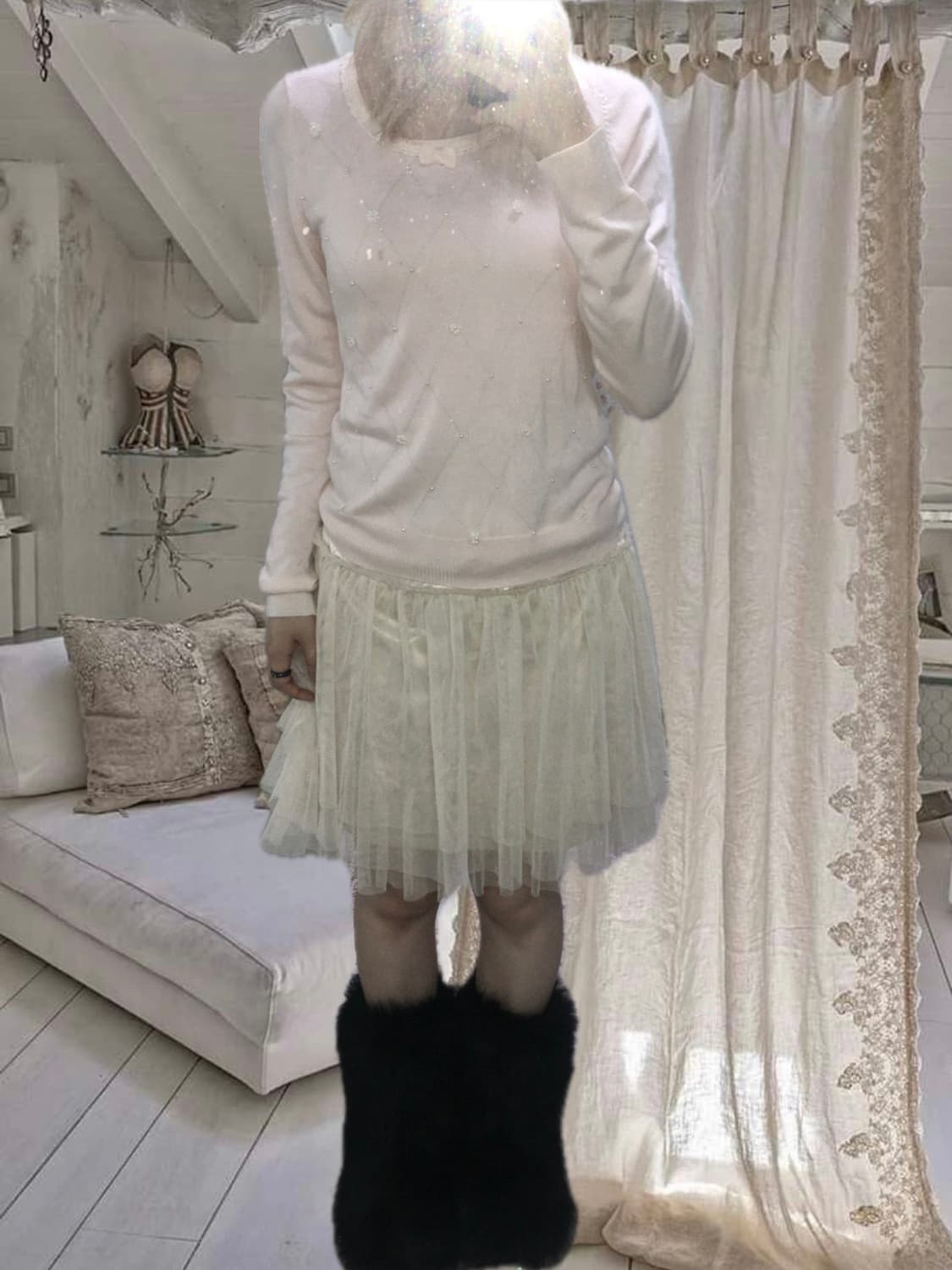 jpn vintage babypink ribbon argyle pearl 상품이미지2