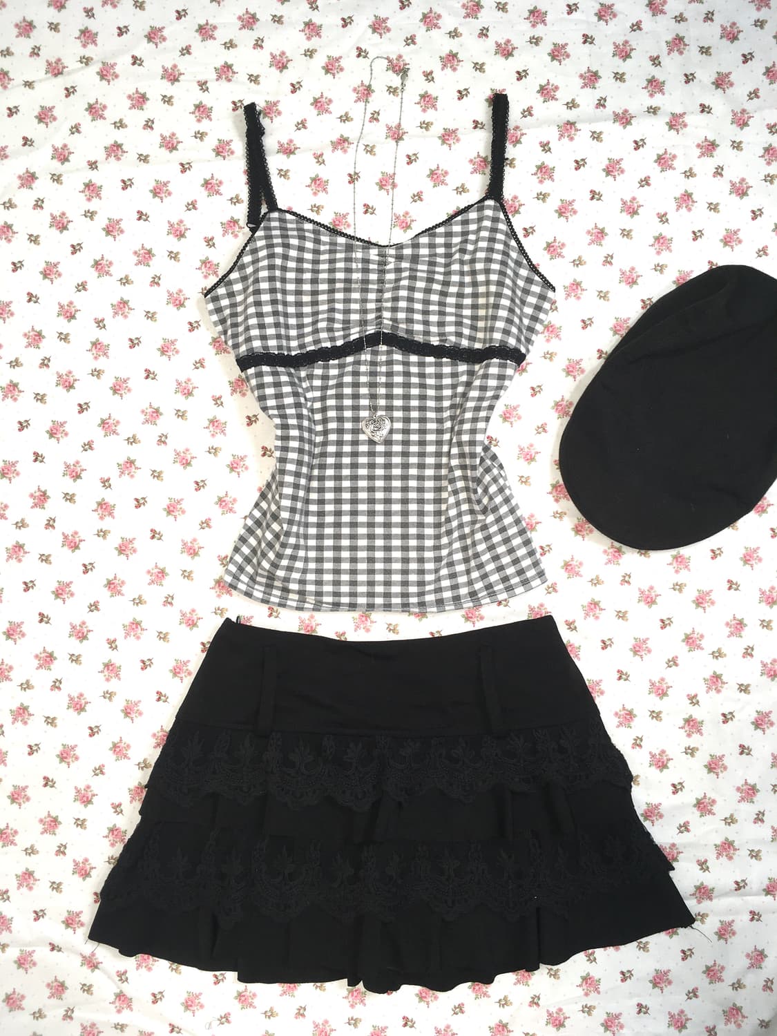 jpn vintage black check lace sleeveless 상품이미지4
