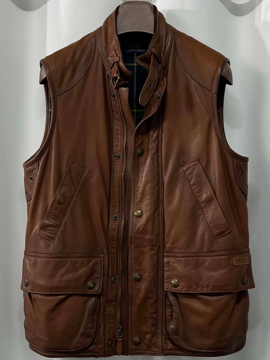 폴로 랄프로렌 카우하이드 브라운 헌팅 레더 블랙와치 베스트 자켓 상품이미지1