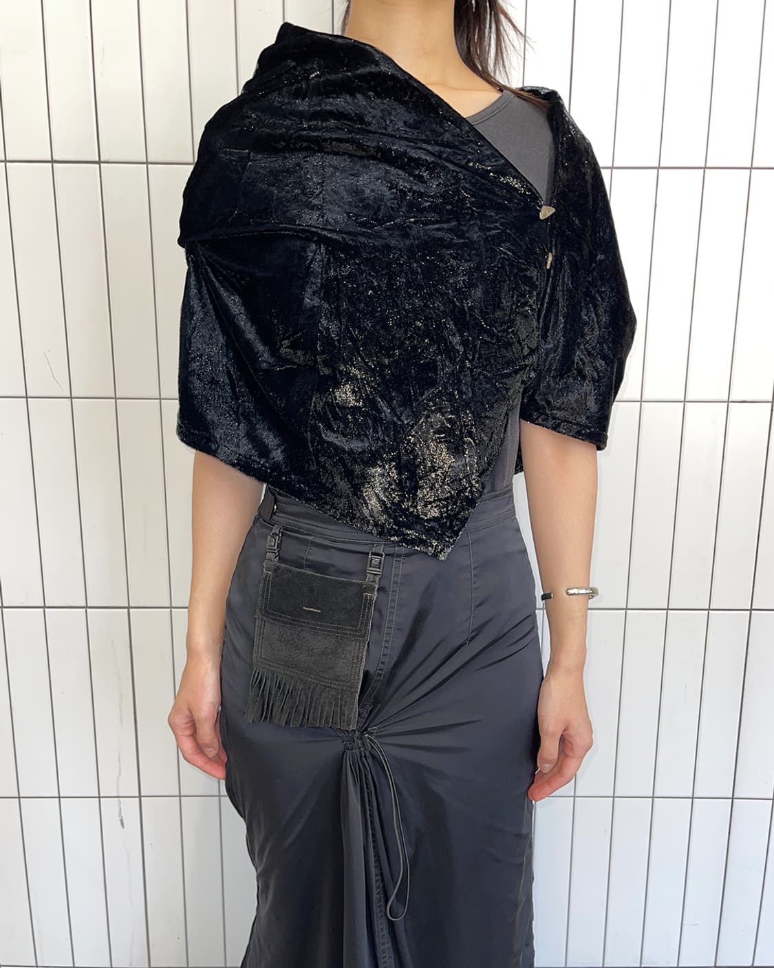 리츠코 시라하마 벨벳 비대칭 버튼 가디건 탑 상품이미지1