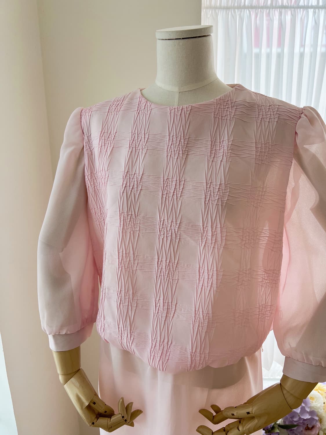 연핑크 셔링 시스루 폴리 원피스 상품이미지4