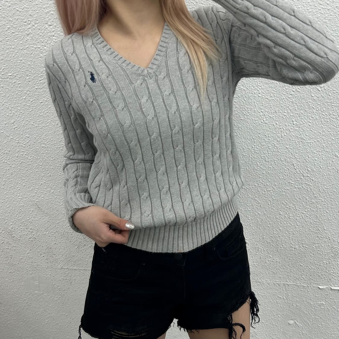 폴로 랄프로렌 네이비포니 그레이 꽈배기 브이니트 S 상품이미지1