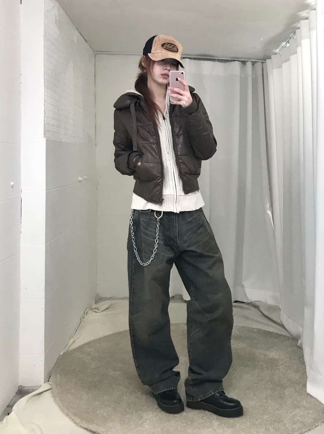 빈티지 브라운 캐주얼 슬림 스트릿 글로시 패딩 코디 세트 상품이미지1