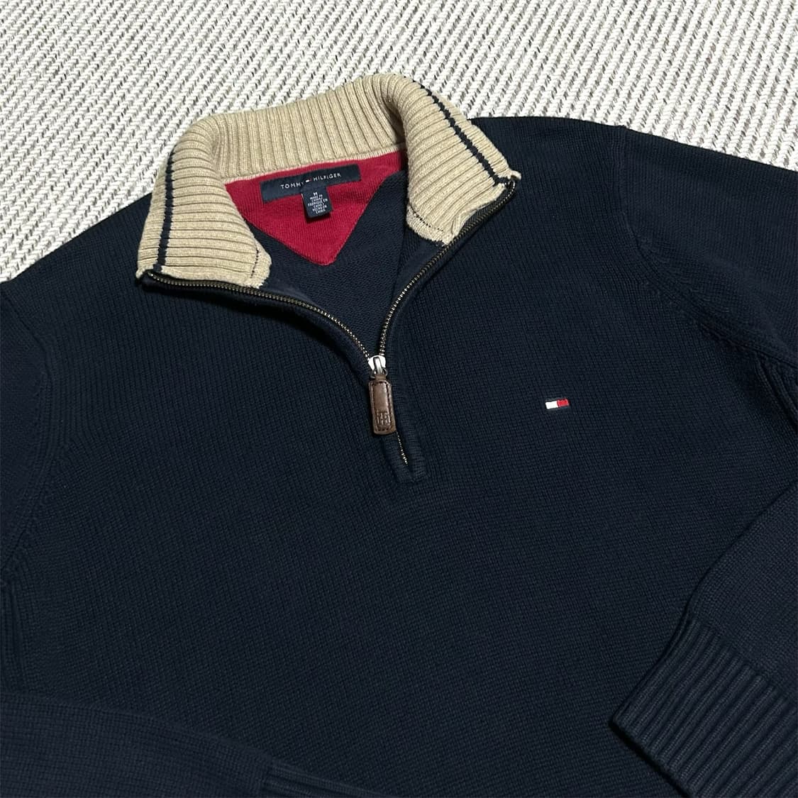 [L] Tommy 타미힐피거 네이비 반집업 배색 코튼 니트 상품이미지2
