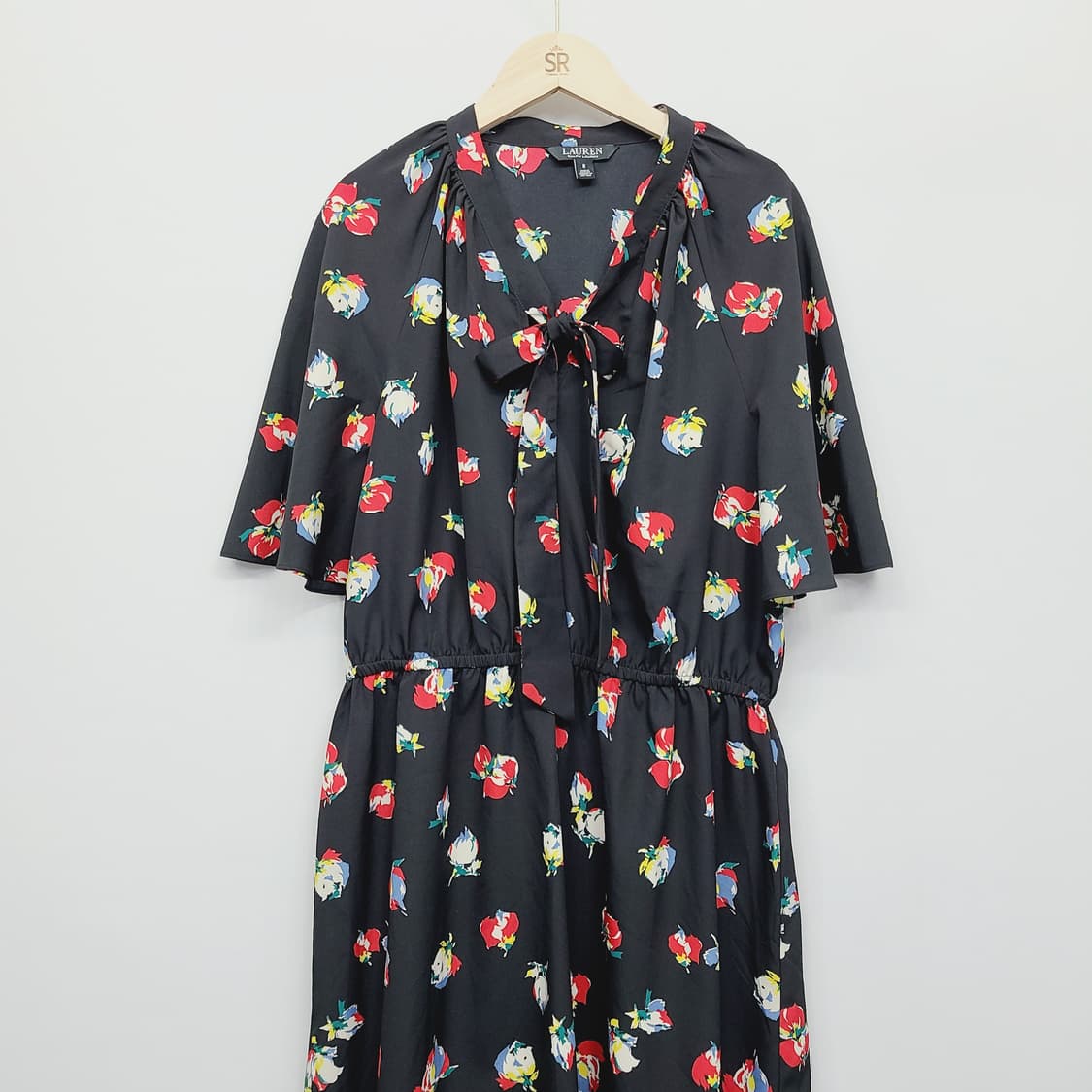 [정품] 로렌 랄프로렌 플로럴 리본 타이 밴딩 롱 원피스 (블랙/8) 상품이미지3
