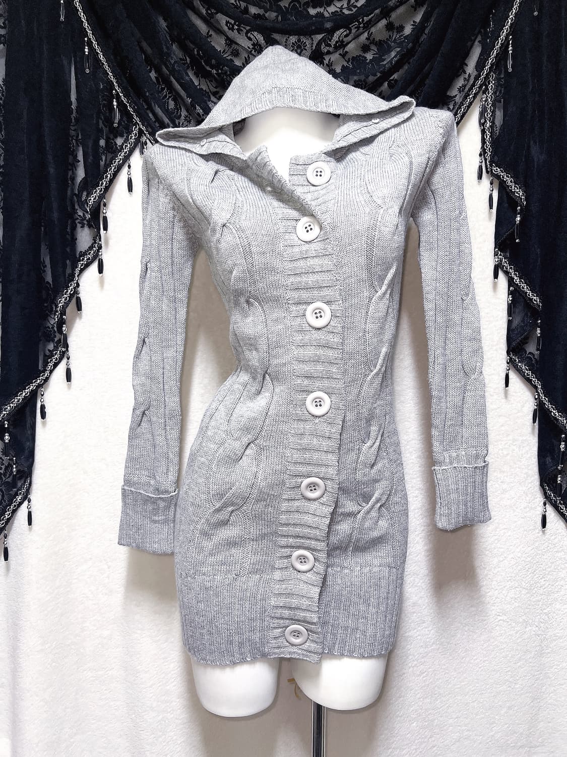 그레이 꽈배기 후드 니트원피스 가디건 로맨틱갸루 로걀 섹시 펑크 y2k 상품이미지6