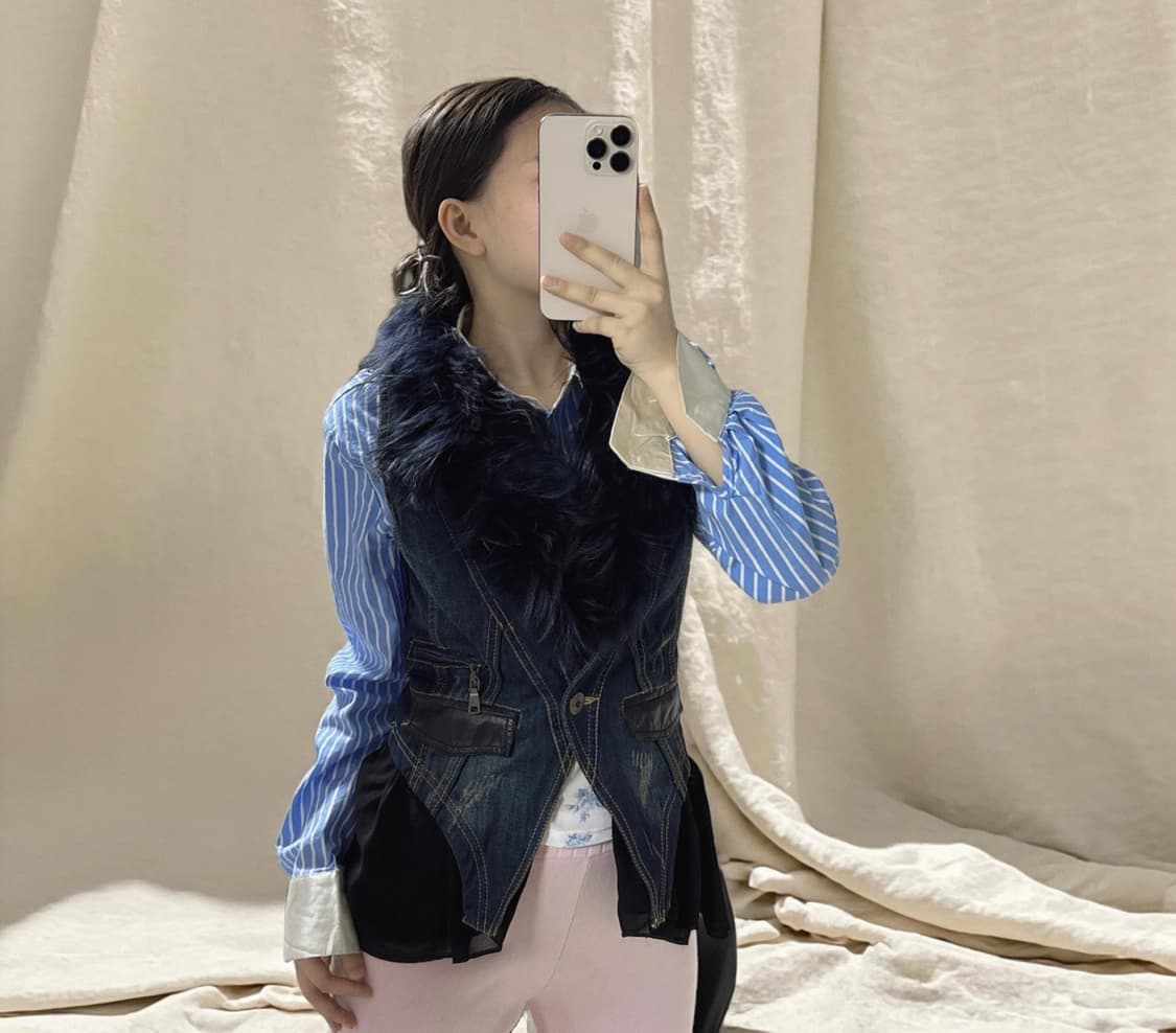 빈티지 고딕 워싱 데님 &양가죽&망사 라쿤퍼 조끼 베스트 상품이미지4