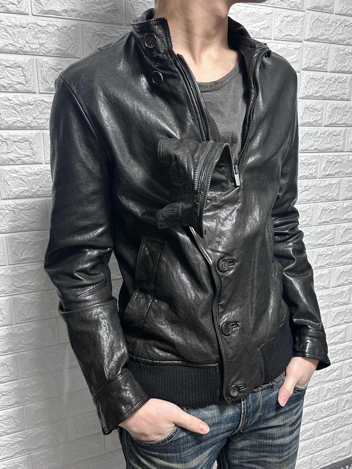 Tate 아티잔 무드  더블 넥 레더 자켓 상품이미지3