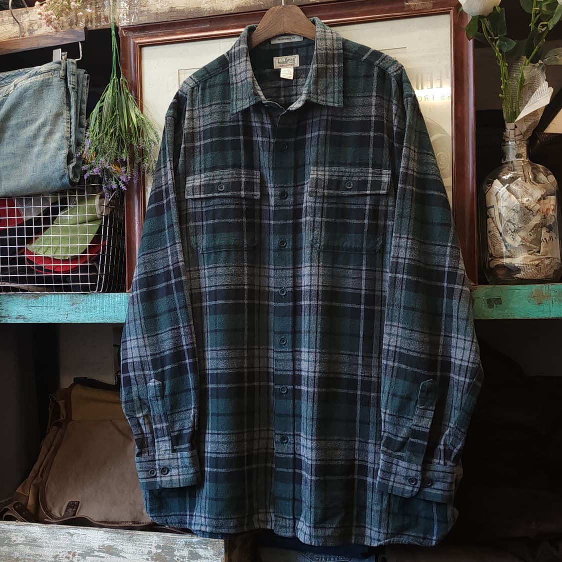 90s 엘엘빈 샤모아 워크셔츠 체크셔츠 플란넬 셔츠 헤비코튼 그린 xxl 상품이미지2
