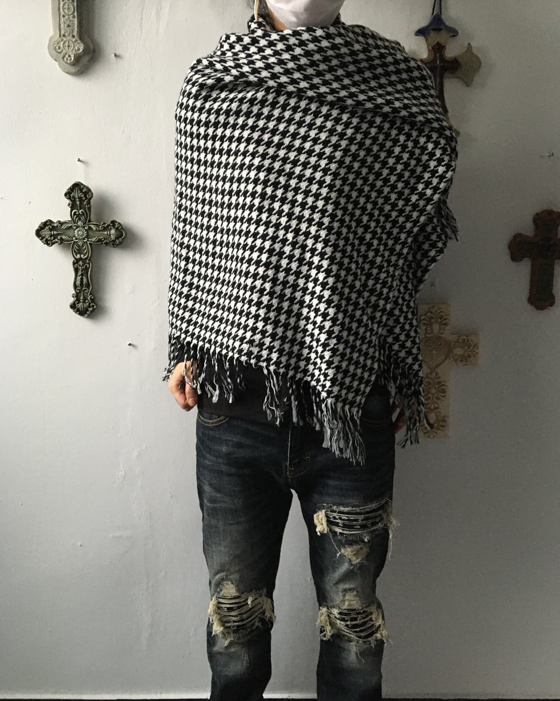 Hound tooth pattern fringe cape 상품이미지6