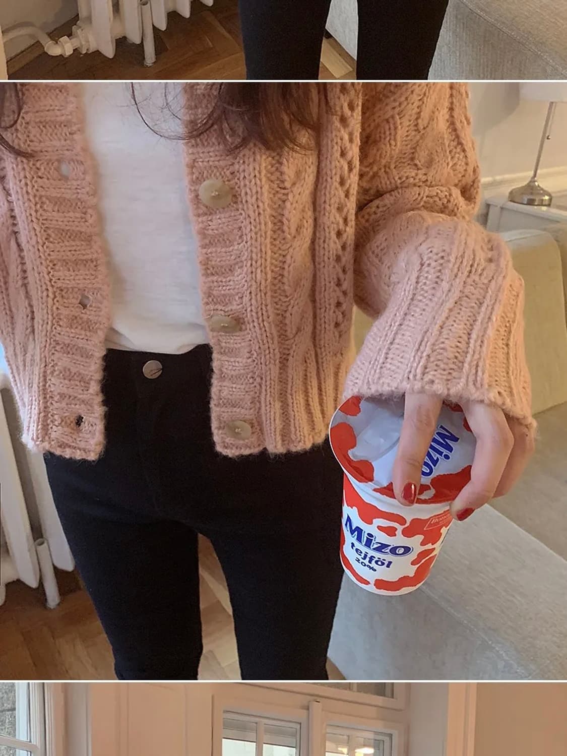 메이비베이비 디어리스트 빈티지 케이블 크롭 핑크 니트 가디건 F 상품이미지4