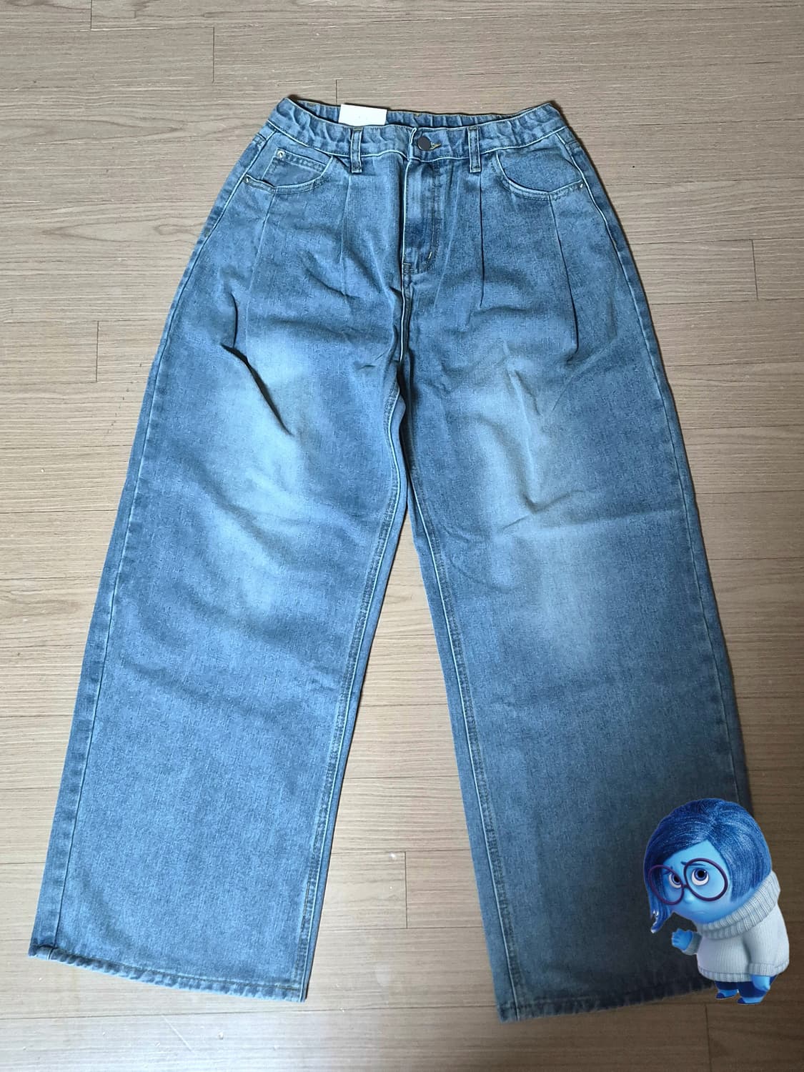 빈티지 더블핀턱 와이드 데님팬츠 (연청) 상품이미지1