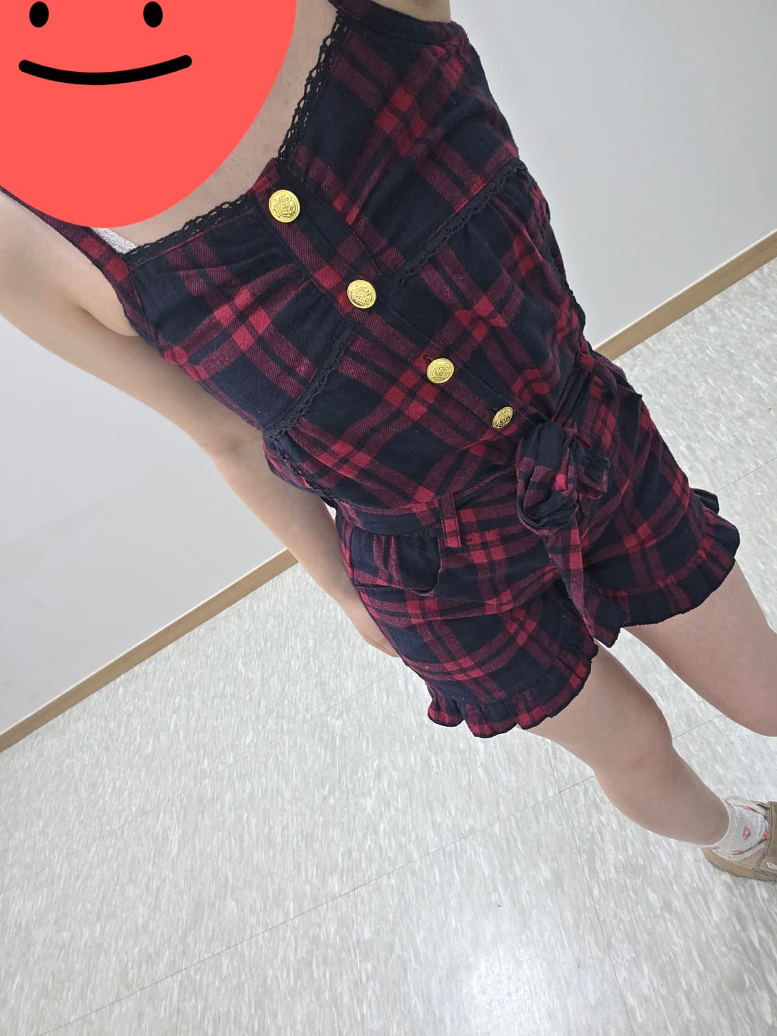 일본빈티지)오네갸루 캐캐체 레드블랙 타탄체크 리본 고딕 멜빵큐롯롬퍼 상품이미지2