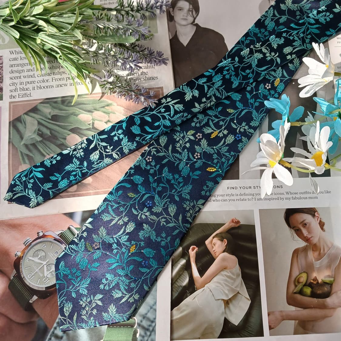 밀라숀 실크 네이비 플로럴 자카드 넥타이 8.9cm A+등급 A19556 상품이미지8