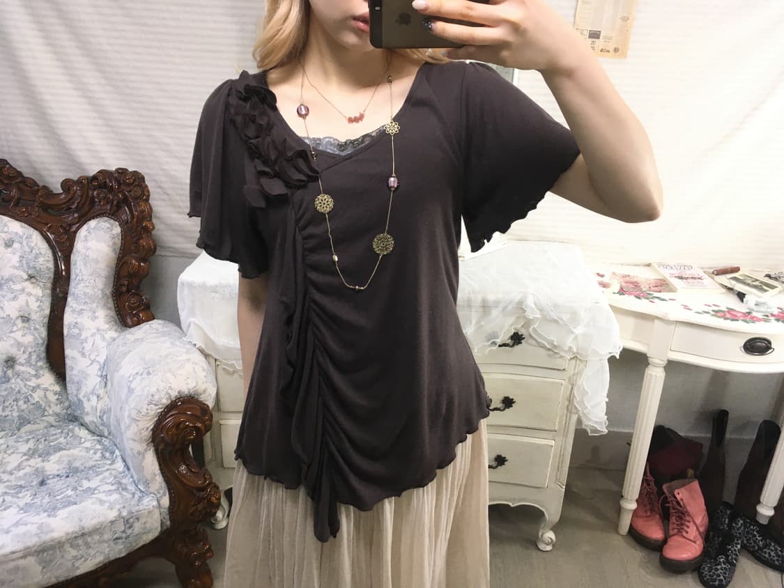 빈티지 아카이브 브라운 셔링 반팔 블라우스 상품이미지2