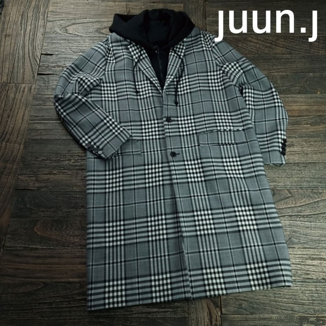 [준지] 18 F/W 후드 레이어링 오버사이즈 체크 롱 코트 P01549 상품이미지1