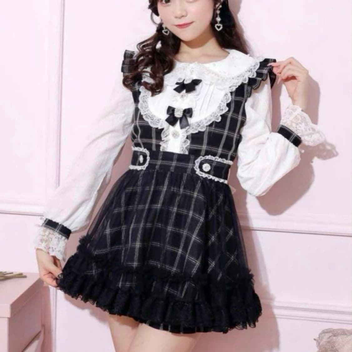 노에미 셋업 블랙 리본 체크 레이스 플레어 프릴 양산형 지뢰계 상품이미지1