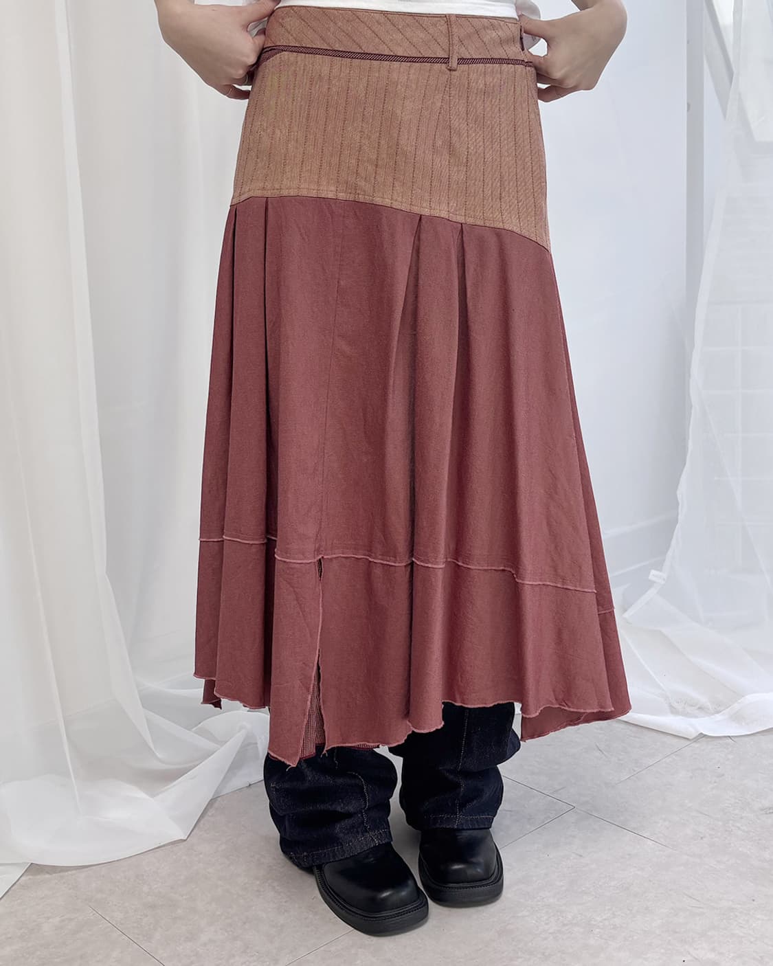 kame indie pink vintage 언발란스 롱 플레어 스커트 상품이미지2