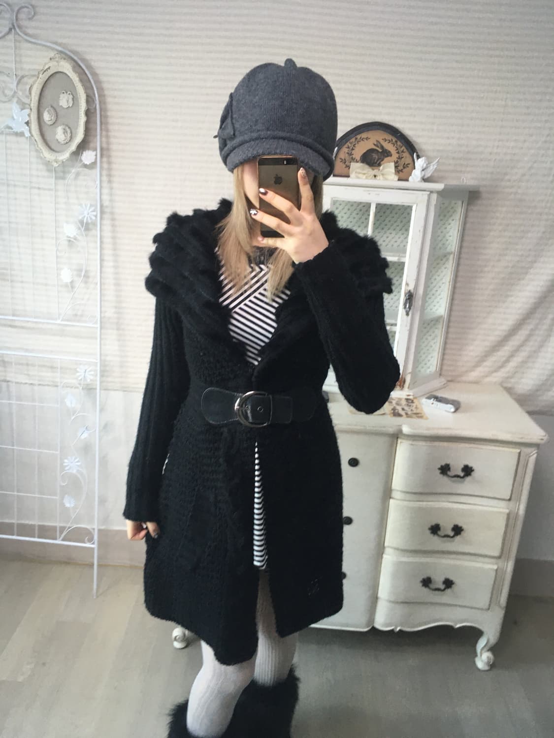 일본빈티지 블랙 퍼 카라 벨티드 가디건 상품이미지3