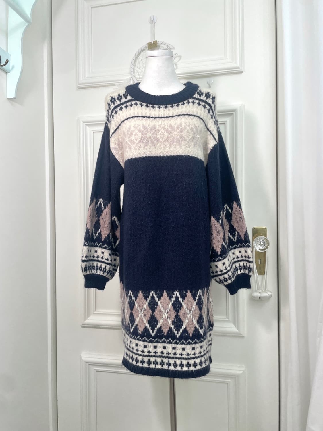 navy pink argyle&notdic pearl point swea 상품이미지1