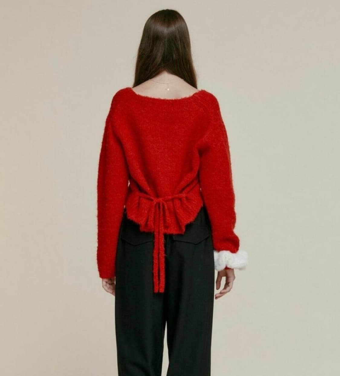 럭키마르쉐 브이넥 리본 풀오버 니트 브라운 상품이미지3