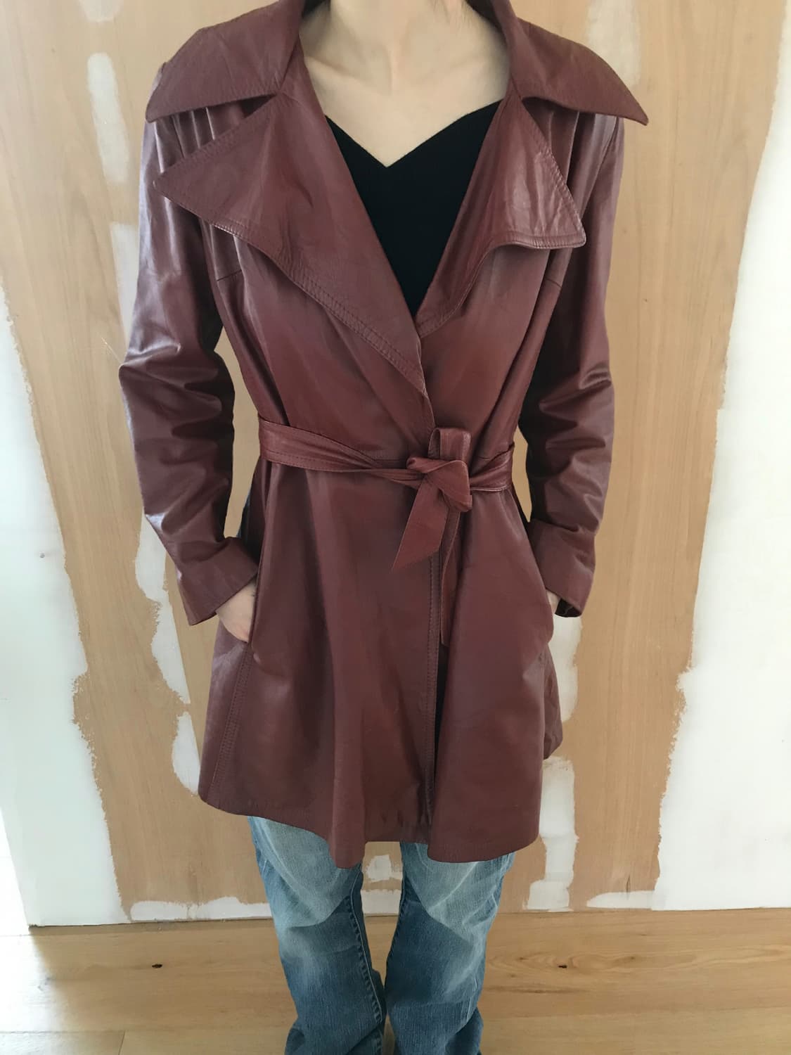 vintage burgundy belt leather jacket 상품이미지6