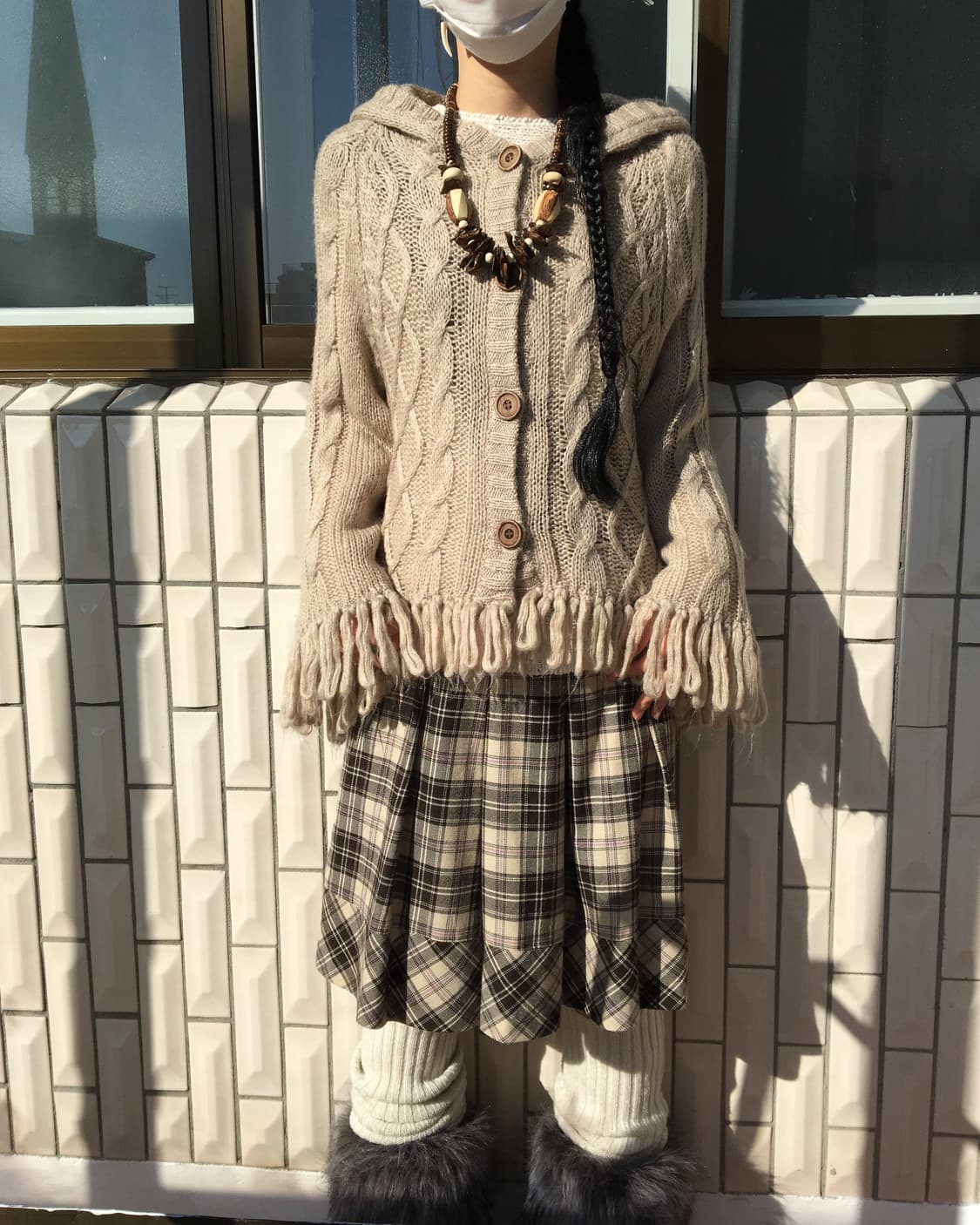Fringe cable pattern hood knit cardigan 상품이미지5