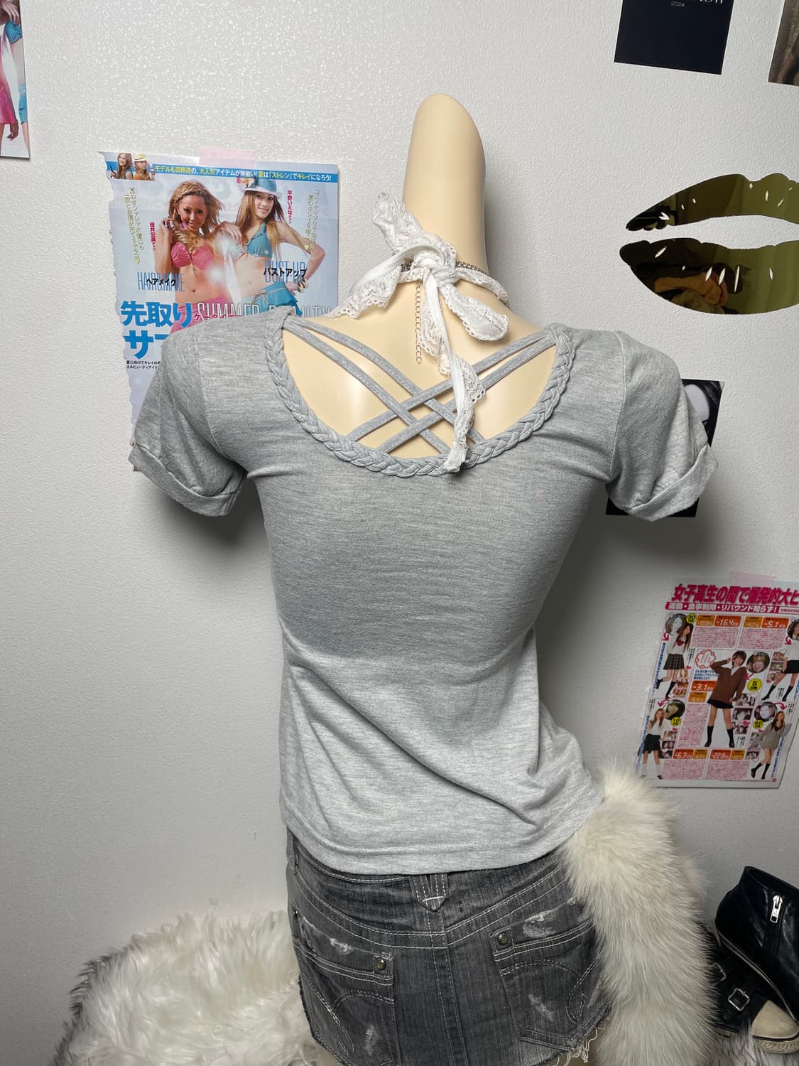 Y2k 펑크 그레이 날개 왕관 반팔티 탑 상품이미지2