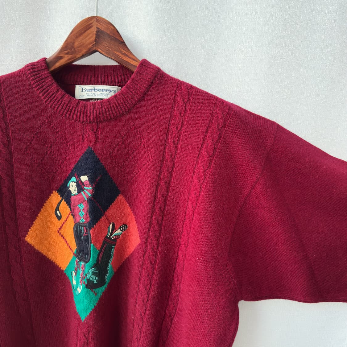 버버리 90s 골프맨 아가일 퓨어 램스울 니트 버건디 42사이즈 상품이미지2