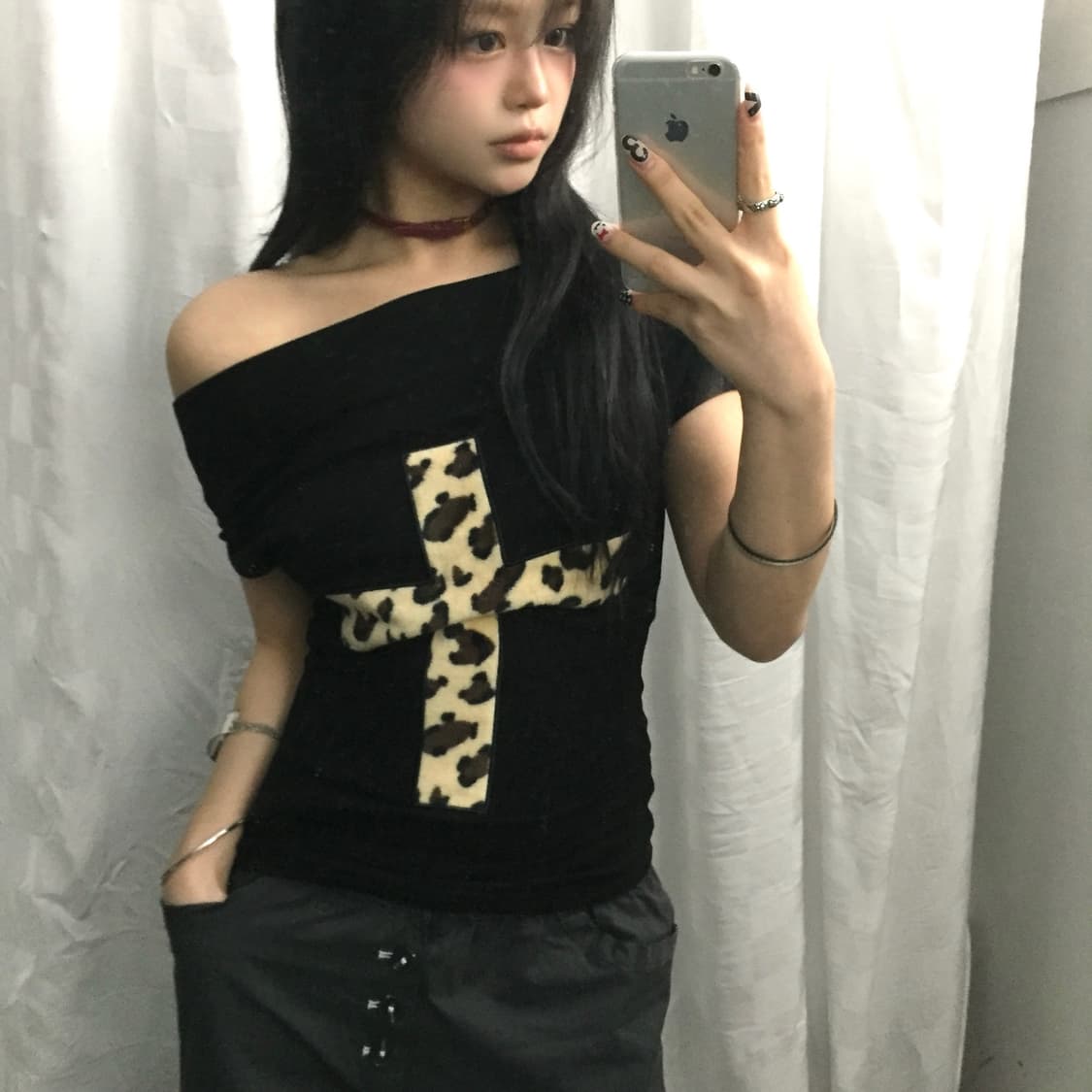 갸루 펑크 레오파드 퍼 원숄더 티 상품이미지1