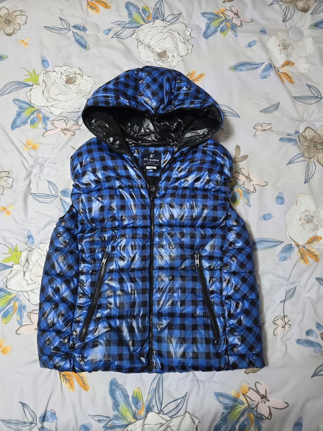 NII Qualified 블루 체크 후드 패딩 조끼 XL 상품이미지4