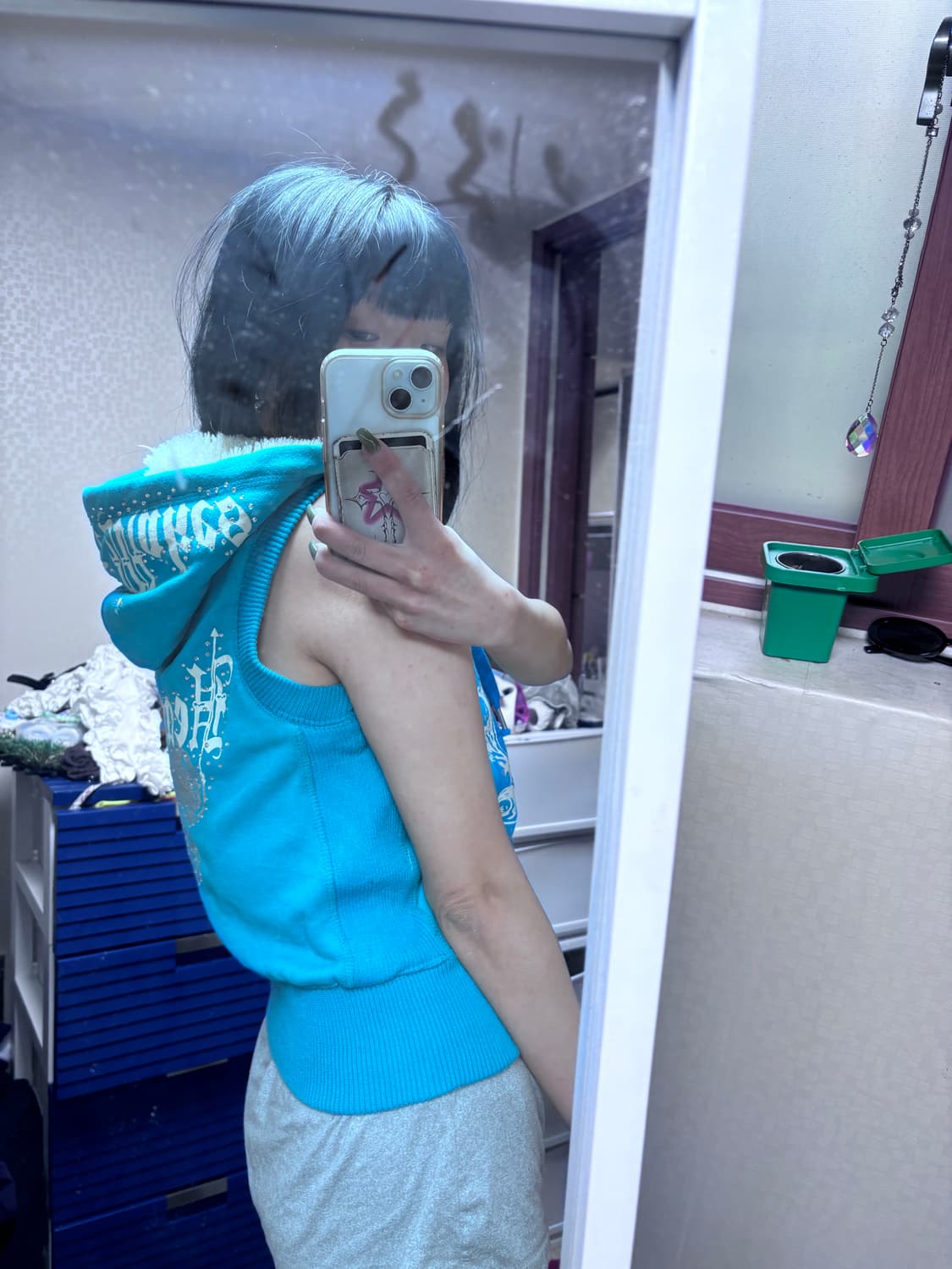 빈티지 와투케 y2k 갸루 큐빅 글리터 후드 집업 조끼 나시 상품이미지3