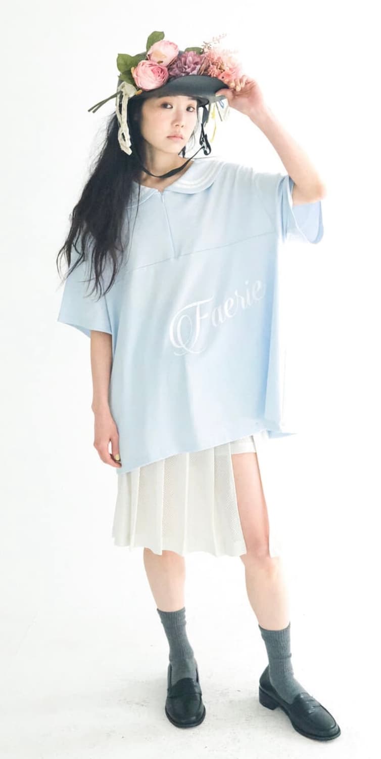 샵페어리 세일러 칼라 메쉬 루즈탑 스카이블루 하늘 상품이미지1