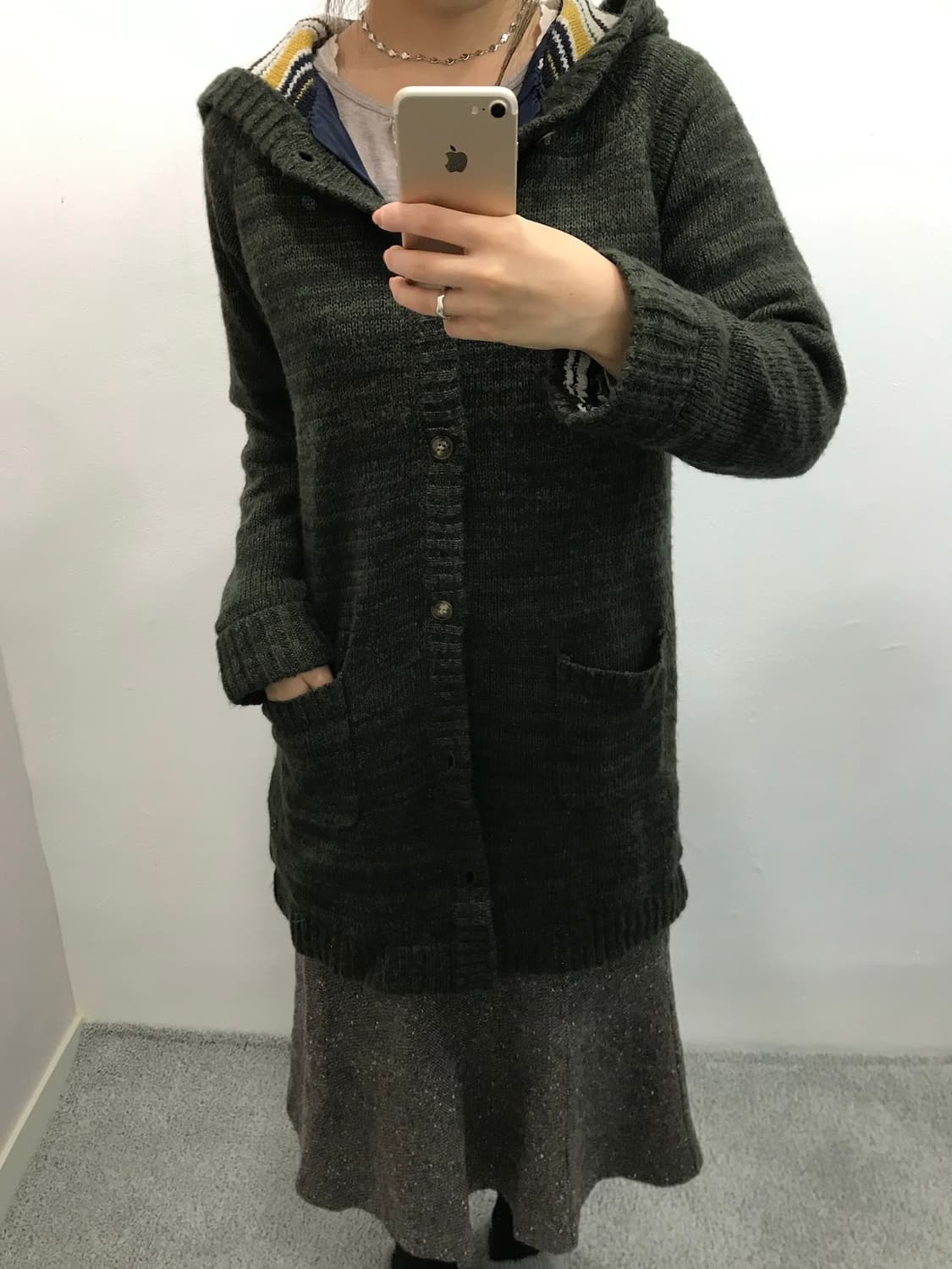 포인트 니트 후드 롱 가디건 상품이미지4