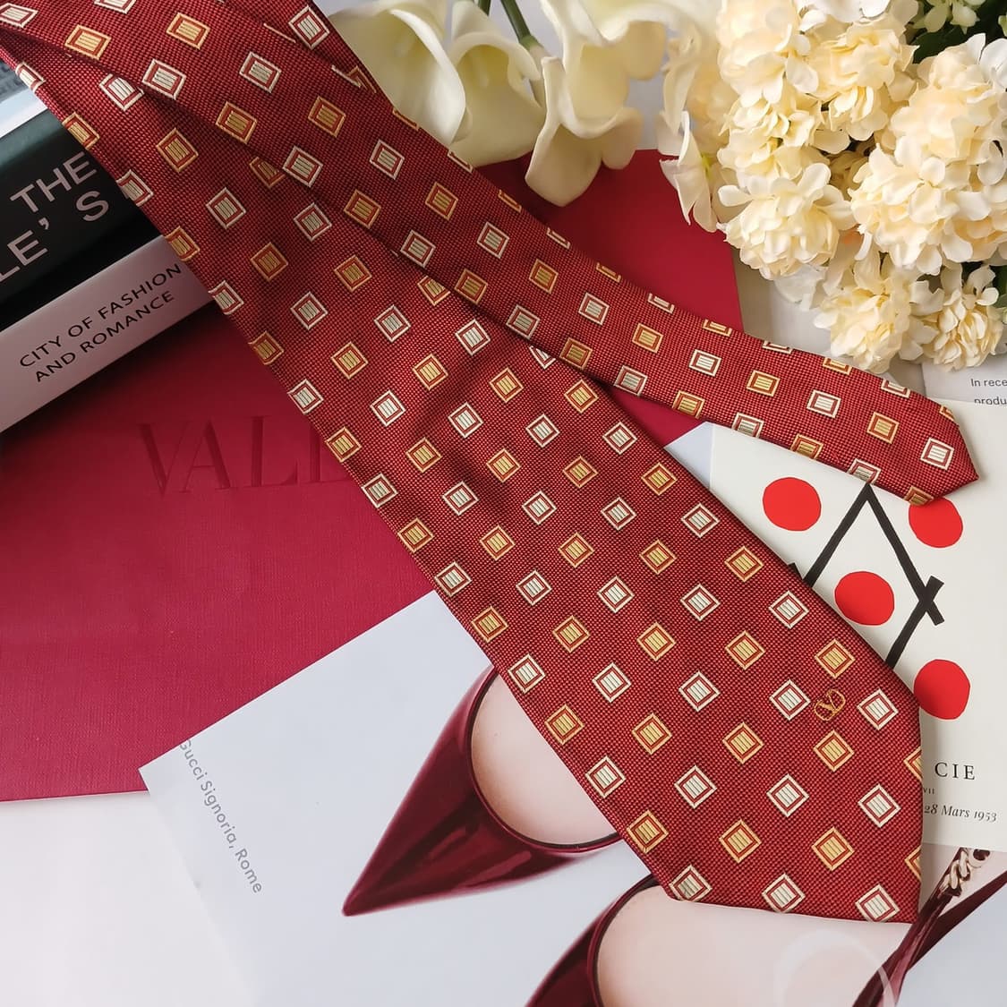 발렌티노 실크 레드 기하 패턴 넥타이 9.5cm A+~A등급 E734 상품이미지3