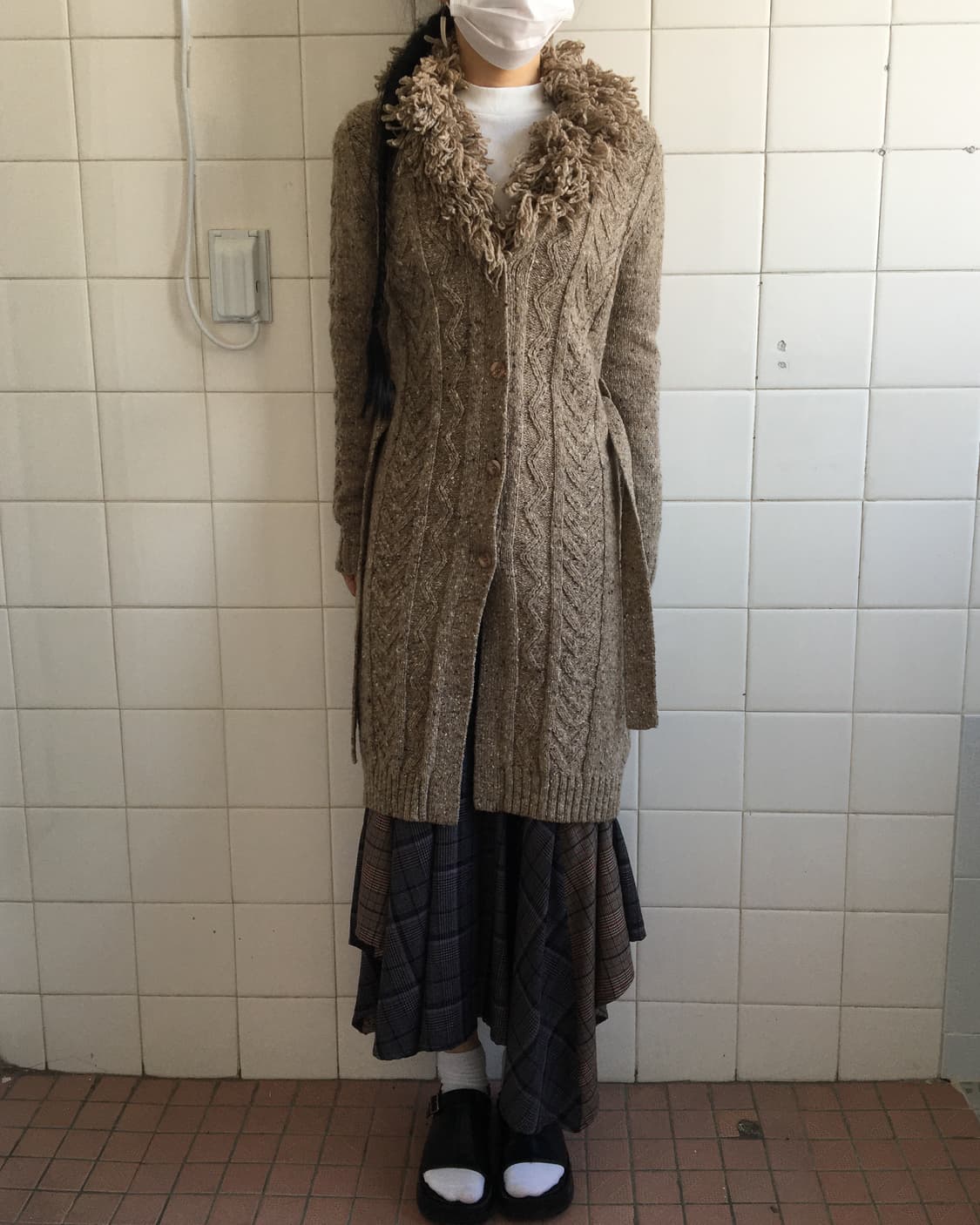 Fluffy collar point belted knit cardigan 상품이미지1