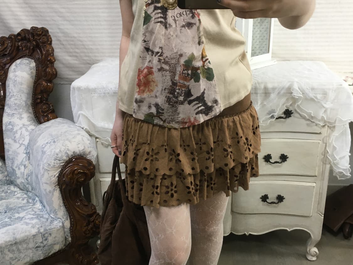 일본빈티지 브라운 펀칭 캉캉 스커트 상품이미지1