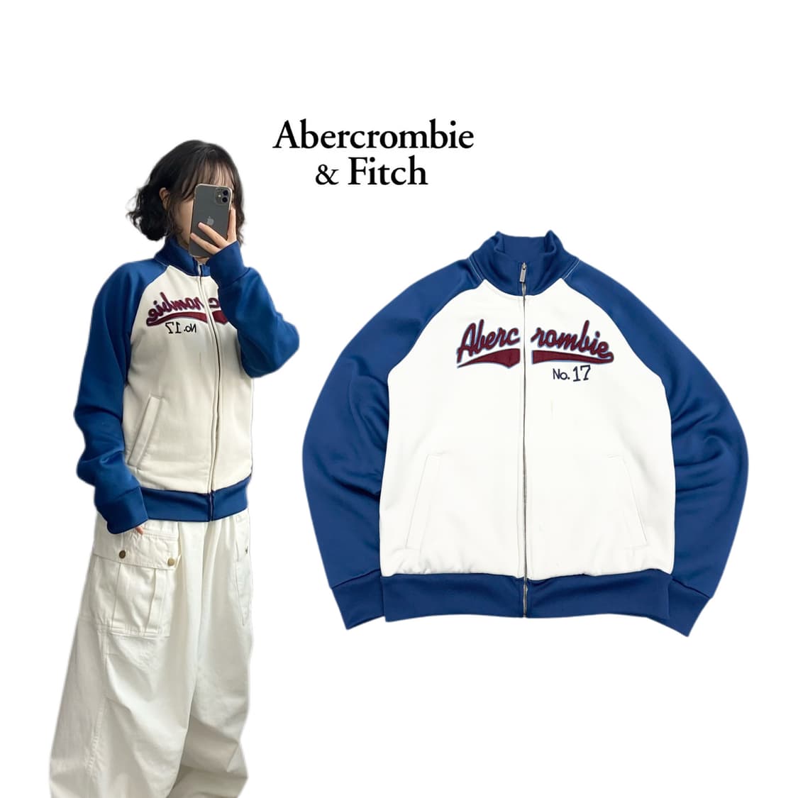 아베크롬비 Y2K 아치로고 화이트 블루 배색 코튼 집업 상품이미지1