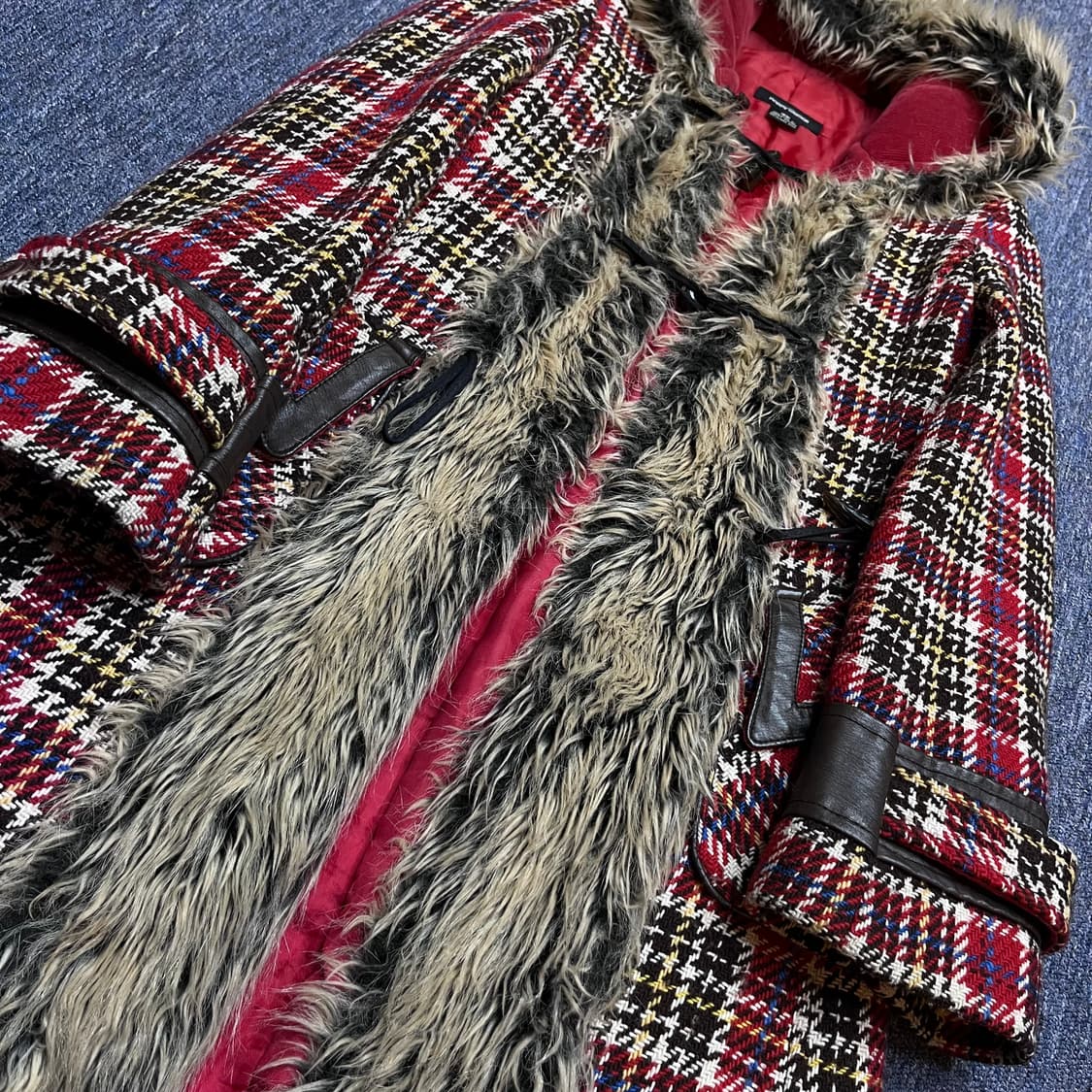 빈티지 산장 히피 체크 후드 울 코트 상품이미지3