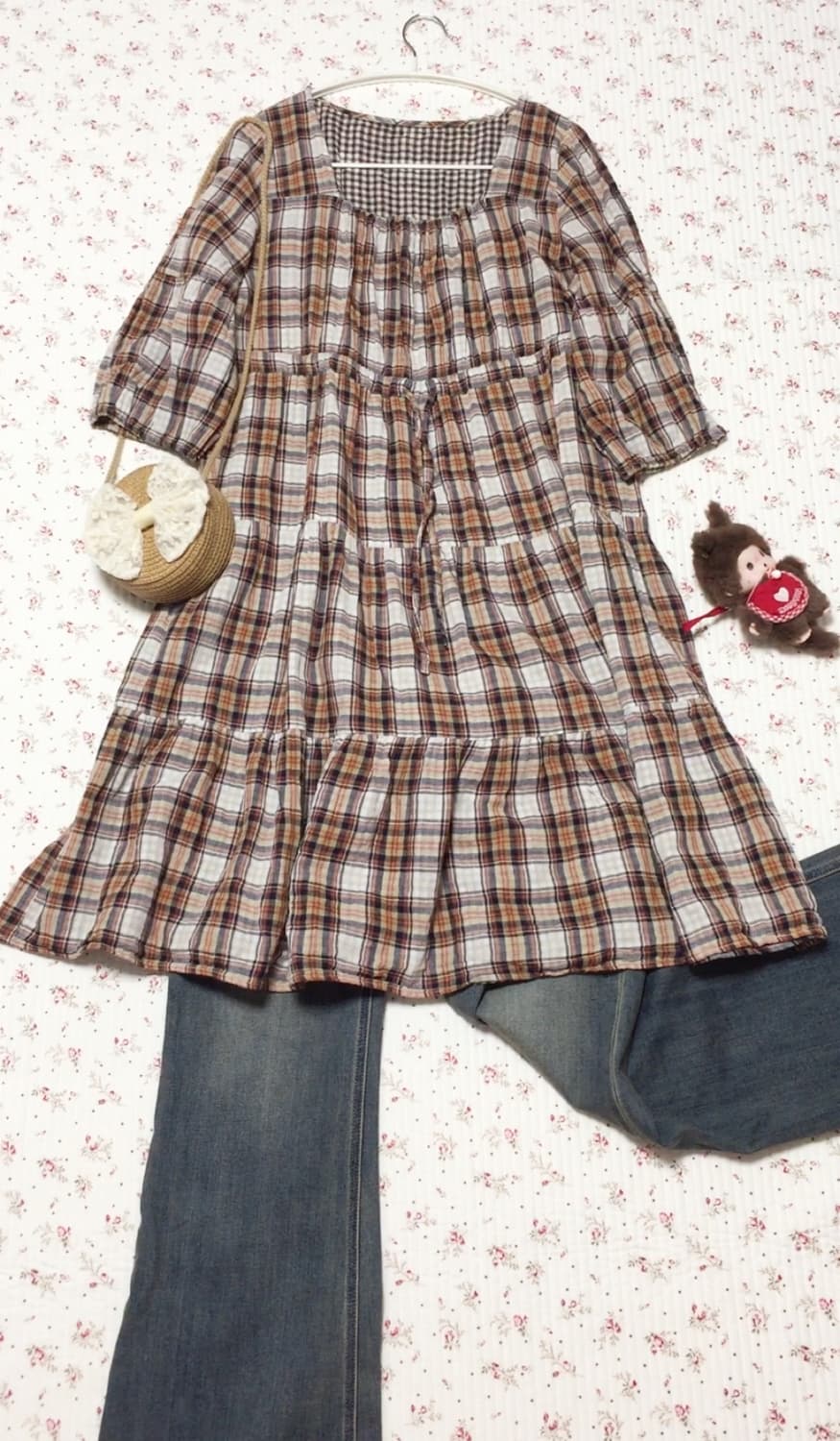 빈티지 모리걸 오렌지 체크 블라우스 상품이미지2