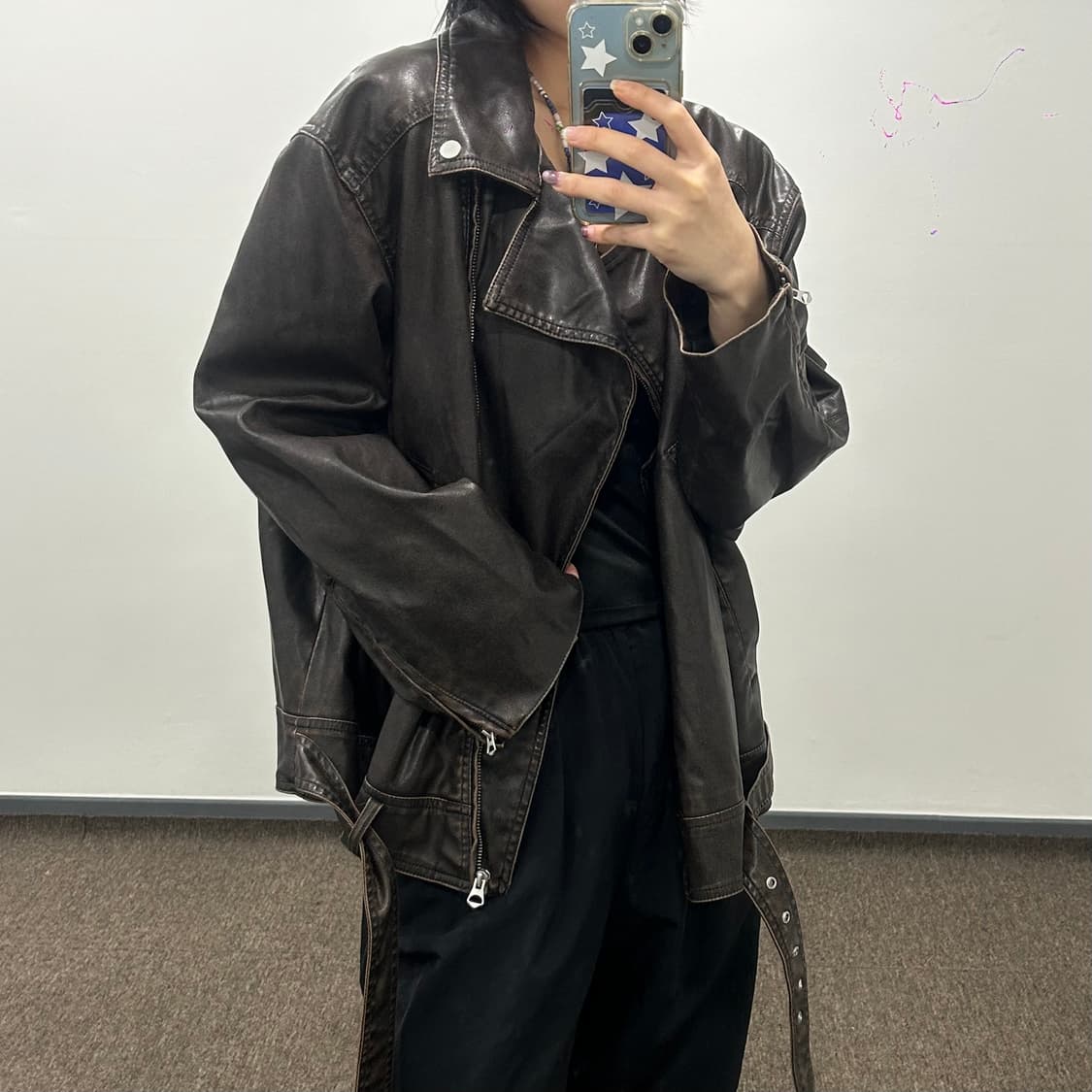 H&M 벨티드 사선 집업 레더 자켓 상품이미지1