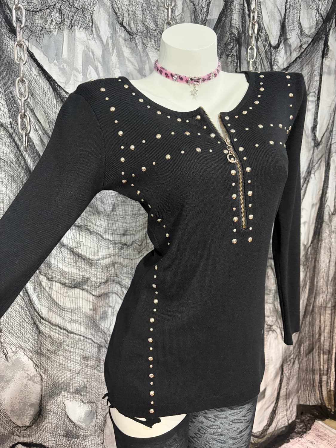 Y2K stud antique half zip-up knit long s 상품이미지6