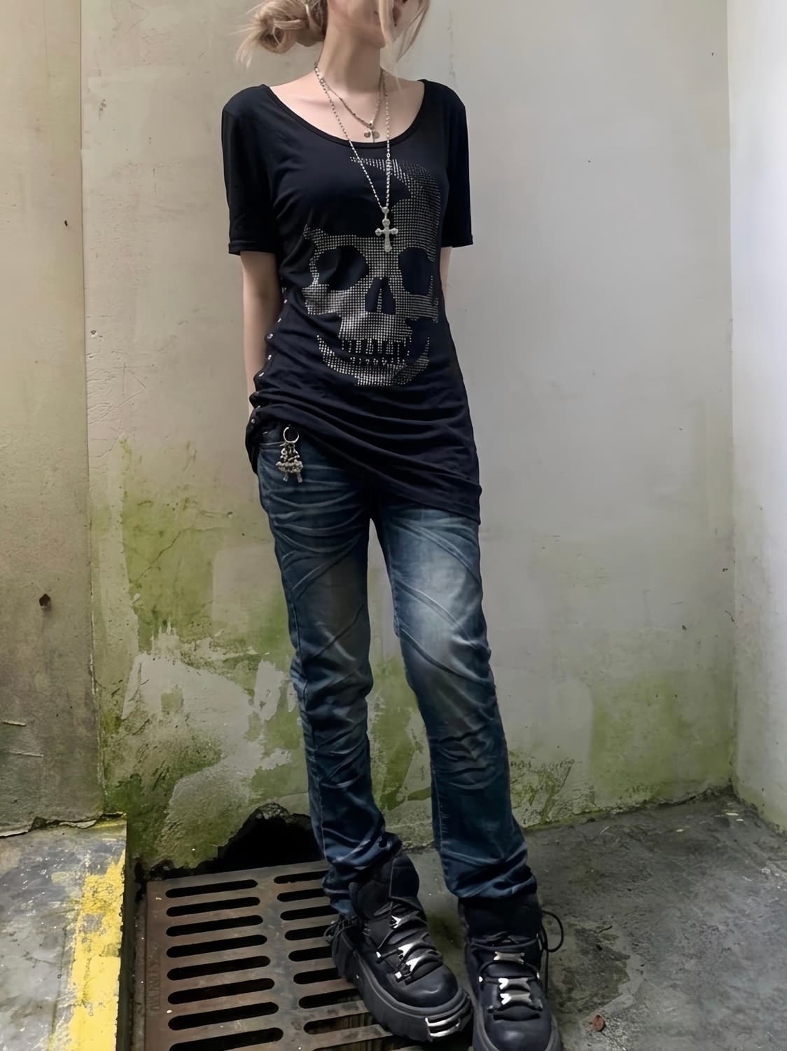 펑크 갸루 y2k 스컬 큐빅 백 리본 미니 반팔 원피스 상품이미지1