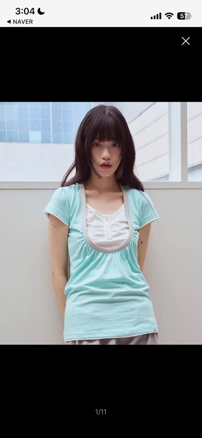 오피쉬 셔링 유넥 티셔츠 민트 Shirring U neck T-shirt 상품이미지1
